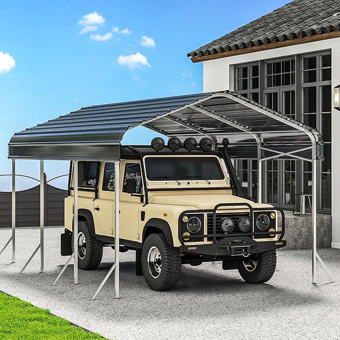 10x15' Heavy Duty Metal Carport – Sturdy Structure, All-Weather Protection, Easy Assembly for Cars, Boats, Trucks,Tractors, and Outdoor Storage (Grey, 10x15FT)