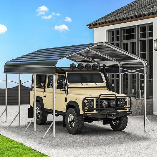 10x15' Heavy Duty Metal Carport – Sturdy Structure, All-Weather Protection, Easy Assembly for Cars, Boats, Trucks,Tractors, and Outdoor Storage (Grey, 10x15FT)