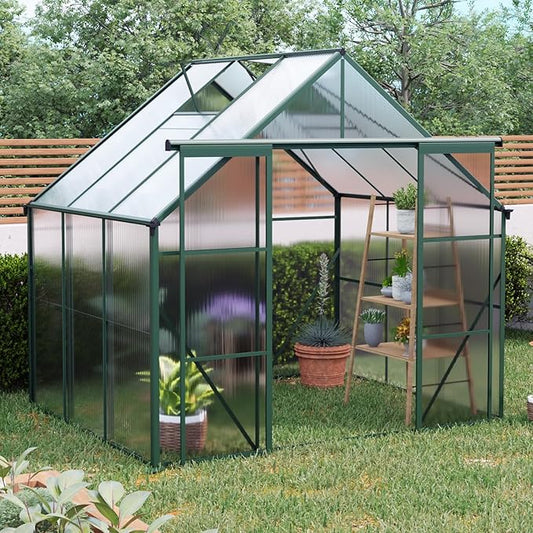 KEIKI 8x6 FT Double Door Polycarbonate Greenhouse with Aluminum Frame,Raised Base and Roof Vent,Walk-in Greenhouses for Patio Garden Backyard