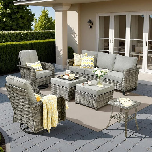 HOOOWOOO Outdoor Patio Furniture Set,6 Pieces Wicker Conversation Set,All Weather Couch Set with Swivel Chairs Ottoman Side Table 7 Seaters for Out Door Yard(Charcoal Gray)