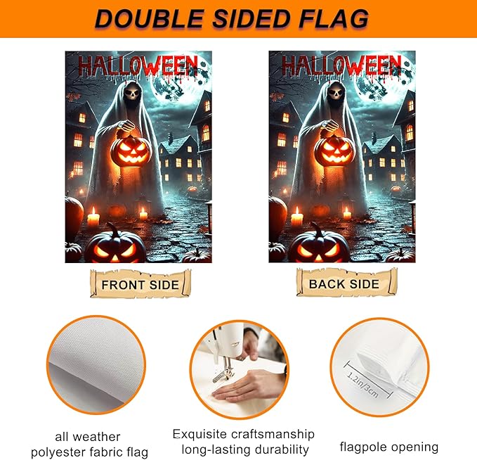 IVN Spooky Halloween Ghost Garden Flag 12x18 Inch Double Sided Frightful Character Outdoor Yard Decor Patio Accent with Pumpkin Lantern Design for Festive Lawn Ornament and Home Decor