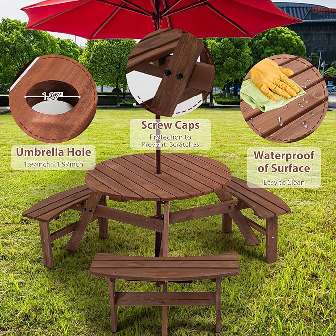 6-Person Outdoor Circular Wooden Picnic Table with 3 Built-in Benches Camping Dining Table for Garden Patio Backyard,Brown
