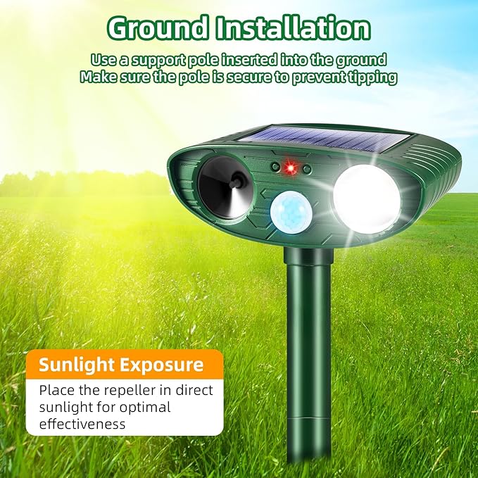 2 Pack Solar Animal Repellent Ultrasonic Outdoor Squirrel Fortress Pro, Deer Repellent Devices with Motion Sensor & Strobe Light,Waterproof Cat Dog Raccoon Rabbit Deterrent for Garden Yard