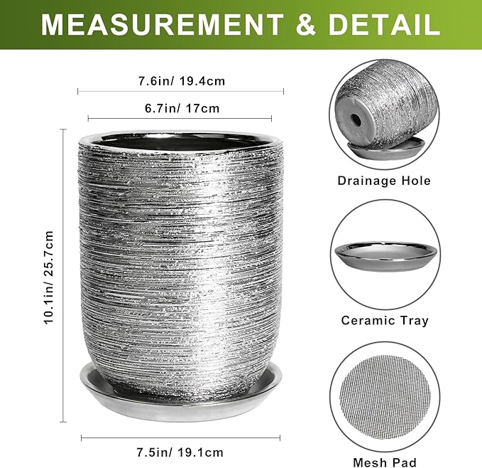 Ceramic Flower Pot for Plants - 8 Inch Plant Pot Indoor with Drainage Hole and Saucer, Cylinder Modern Outdoor Round Planter, Gardening Gifts for Women Men, Garden Office Decor, Silver