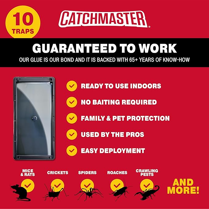 Catchmaster Rat, Snake and Mouse Traps 10Pk, Large Bulk Glue Rat Traps for Home, Adhesive Plastic Tray for Inside House, Snake, Mice, & Spider Catcher, Pest Control for House & Garage