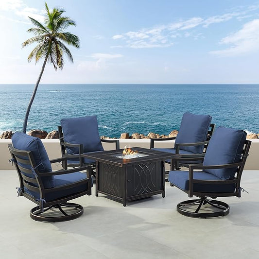 Oakland Living Black Aluminum Patio Fire Table Set with Four Club Chairs with Blue Cushions