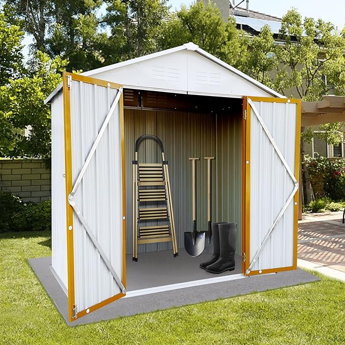 4x6 FT Outdoor Metal Storage Sheds with Apex Roof,Single-Storey Waterproof Roofed Structure Garden Shed w/Lockable Doors,for Lawn Equipment Tool Sundries,White+Yellow