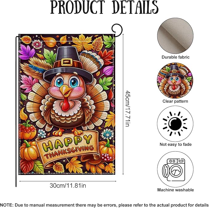 Fall Thanksgiving Garden Flag 12 x 18 Inch Double Sided Turkey Pumpkin Maple Leaves Designs Autumn Burlap Yard Flag for Outside Rustic Yard Outdoor Holiday Home Decoration