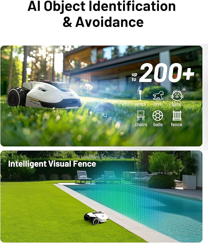 YUKA 2000 Robot Lawn Mower with 4G, Reception 0.5 Acre,Max. 0.7 Acre, Ultrasense AI Vision & RTK, Auto Mapping & App Control,45% Slope,Wireless Perimeter,Dual Cutting Discs, 20 Mowing Zones