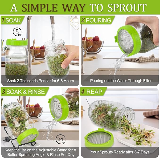 Premium Sprouts Growing Kit, 2 Sprouting Jar Kits & Superior Sprout lids, Blackout Sleeves, Drain Tray, Stainless Steel Stand, Growing Kit for Broccoli, Alfalfa, Beans & Mushroom by YeeGeell (2 Pcs)