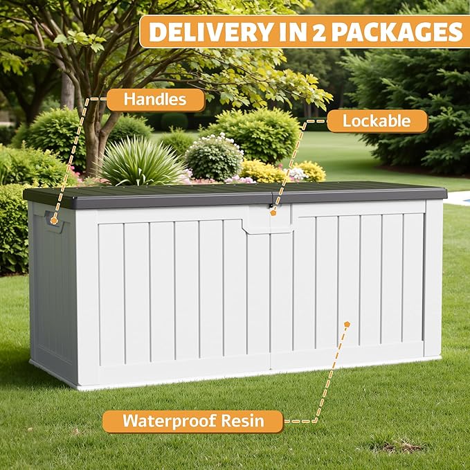 Flamaker Resin Deck Box 250 Gallon, Waterproof Imitation-Wood Lockable Storage Box with Separator Plate Outdoor Indoor, Garden, Patio Furniture for Tools&Pool Accessories (White with Black Cover)