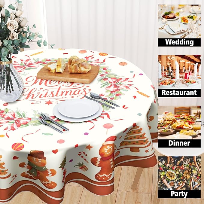 Merry Christmas Tablecloth Round 60 Inch,Traditional Xmas Gingerbread Man Cookie Reusable Washable Circular Table Cover for Holiday Home Kitchen Party Wedding Picnic