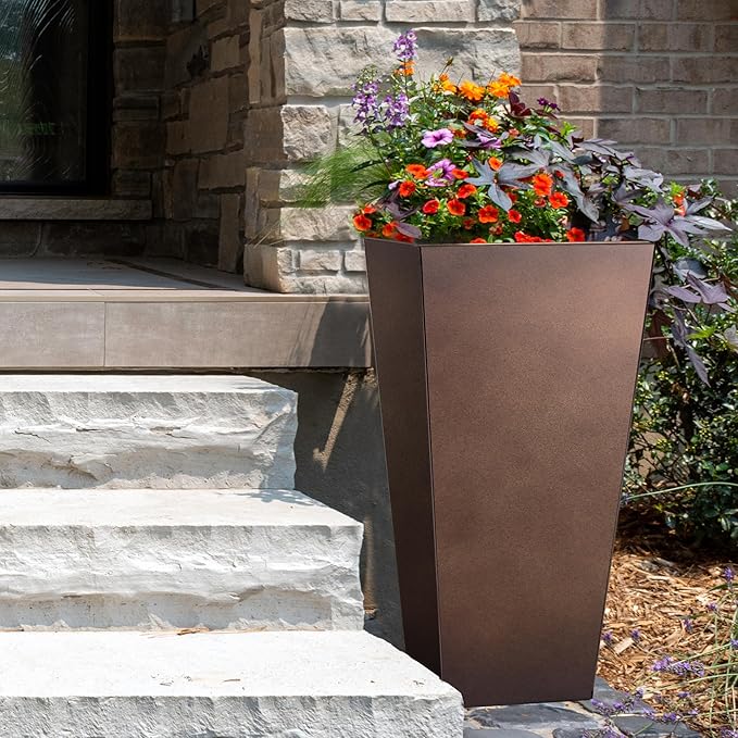 KOL 25''H. Tall Galvanized Steel Planter with Saucer, Set of 2, Planter Pots with Drainage Hole for Indoor & Outdoor Use, Decorative Flower Plant Pots for Front Porch, Patio, Deck - Rust Color