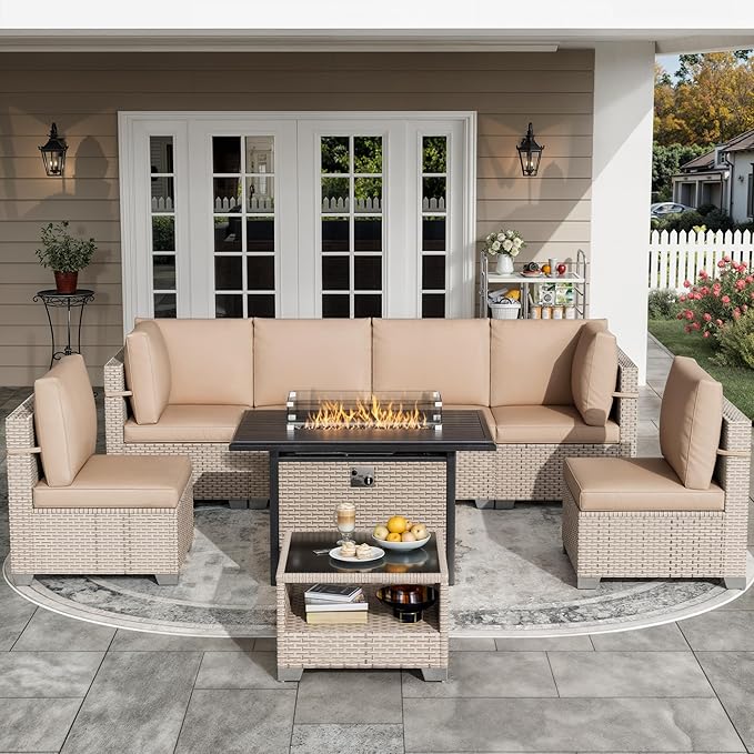8 Pieces Patio Furniture Set with Fire Pit Table, Outdoor Sectional Wicker Sofa with Thick Cushions and Storage Coffee Table, Rattan Patio Conversation Sets, Khaki