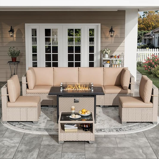 8 Pieces Patio Furniture Set with Fire Pit Table, Outdoor Sectional Wicker Sofa with Thick Cushions and Storage Coffee Table, Rattan Patio Conversation Sets, Khaki