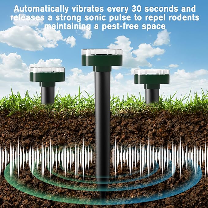 Mole Repellent 10 Pieces,Solar Powered Mouse Repellent Waterproof Rodent Gopher Repellent,360° Mouse Control Outdoor Mole Repeller for Garden Yard & Patio,Green