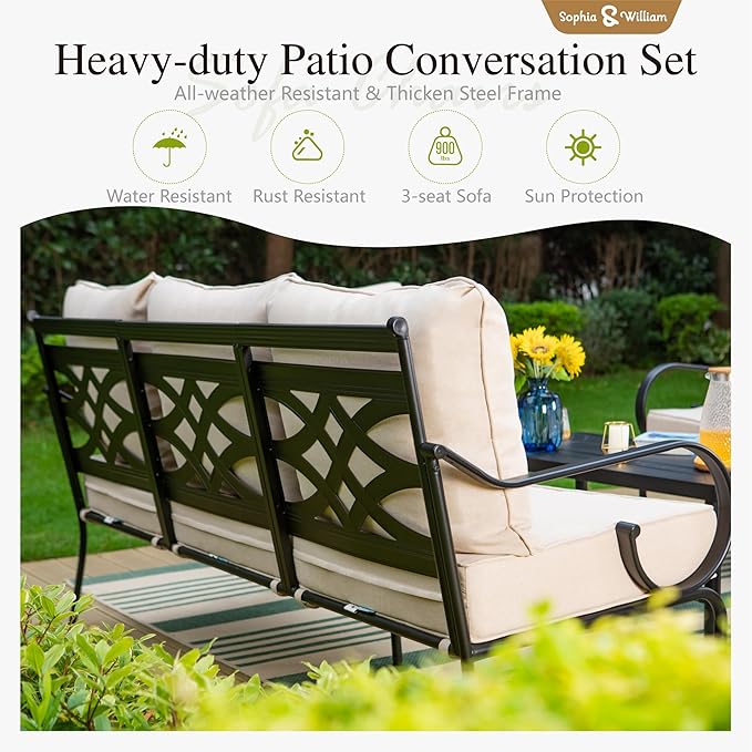 Sophia & William 5 Piece Outdoor Patio Furniture Set, Patio Conversation Sets 7 Seat with 3-seat Sofa x 1, Loveseat x 1, Cushioned Chair x 2, Metal Coffee Table x 1 for Backayrd Lawn, Beige