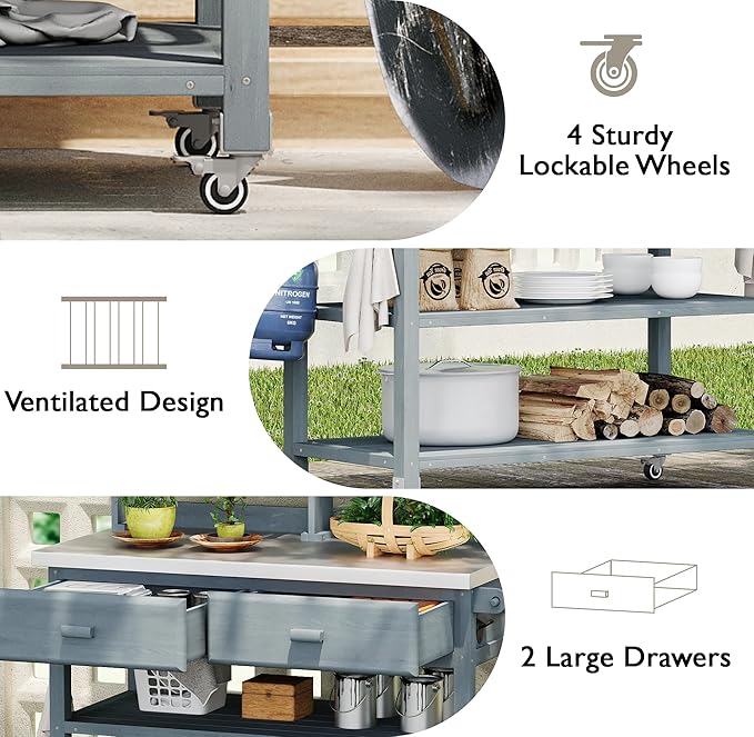 Polibi 64.9"H Outdoor Potting Bench Table with Lockable Wheels,Solid Fir Wood Outdoor Kitchen Island with Upper Hutch,Stainless Steel Top,Towel Rack,Outdoor Storage for Grilling,Lawn Garden(Grey Blue)