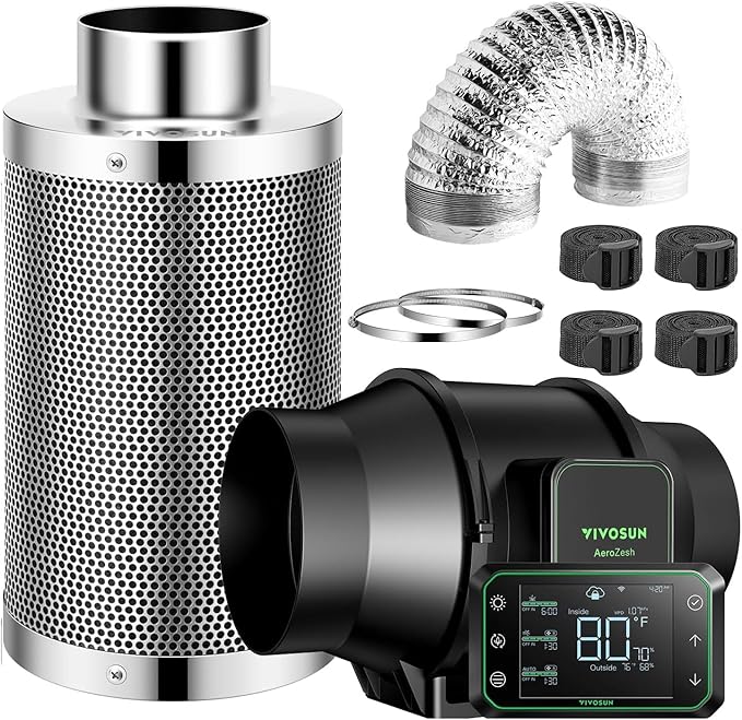VIVOSUN Smart Air Filtration PRO S6 Kit 6", AeroZesh S6 Inline Duct Fan w/GrowHub E42A Temp. Humidity WiFi-Controller, Carbon Filter & Ducting, Cooling & Ventilation System for Grow Tent, Hydroponics