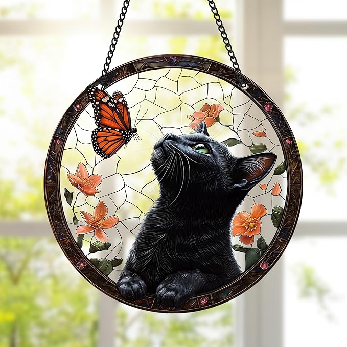 Black Cat Sun Catcher - Black Cat Butterfly Flower Suncatcher Rainbow Maker Stained Acrylic Window Hanging Ornament Indoor Outdoor Decoration Home Garden Decor Chain Pendant Memorial Gifts