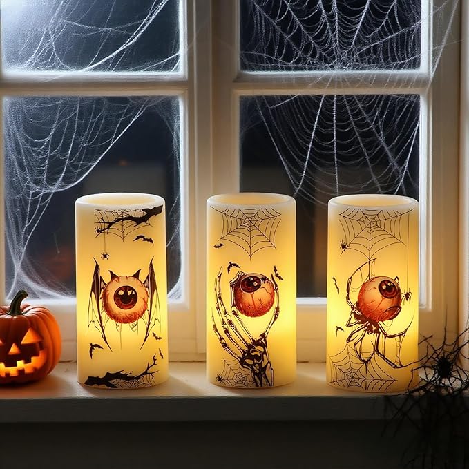 DRomance Halloween Flameless Flickering Candles Battery Operated with Timer, 3 Pack Real Wax LED Pillar Candles Spooky Bloody Eyes Spider Decals Dinner Halloween Decorations Indoor(3" D x 6" H)