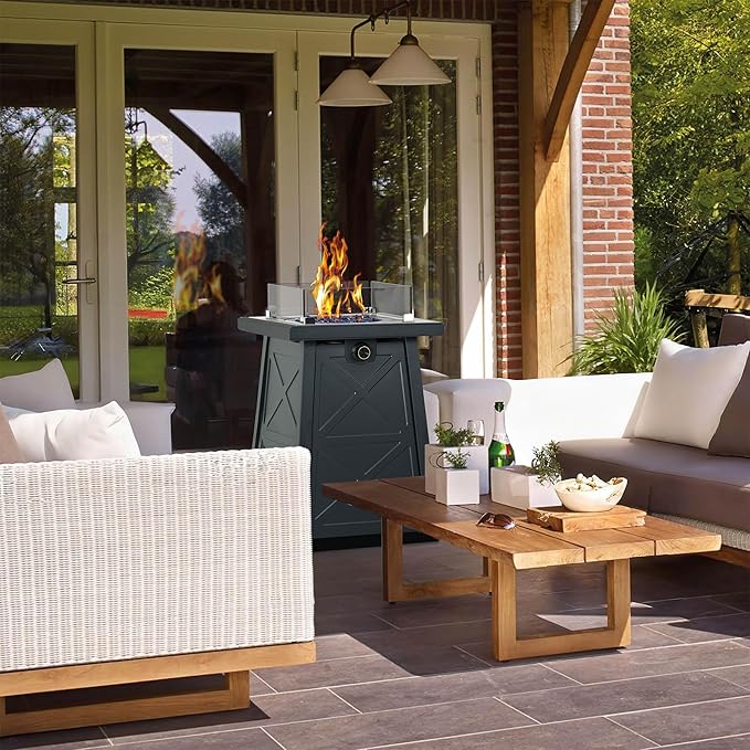 19.5 Inch Steel Fire Table, 40,000 BTU Outdoor Gas Fire Pit, Modern Pattern Patio Column Propane Fire Pit w/Glass Rocks, Cover, Lid, Glass Wind Guard