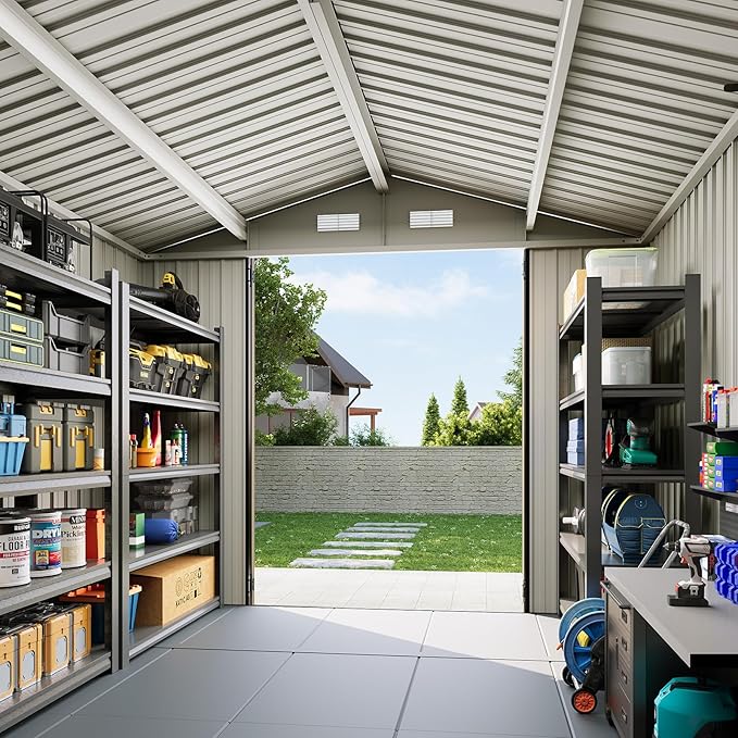 8x6 FT Outdoor Storage Shed with Floor & Lockable Double Doors, Heavy-Duty Galvanized Steel Outdoor Metal Shed for Bike, Tool, Generator Storage in Backyard, Patio (8’x6’, Floor)