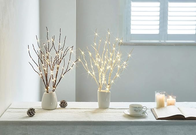 Fudios Lighted Branches 18IN 70 Warm White LED with Timer Twig Lights Battery Operated for Christmas Wedding Party Decoration(2 Set)