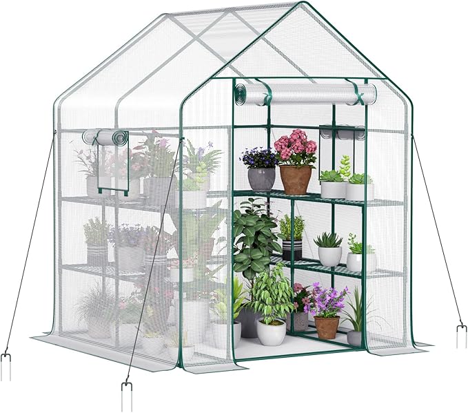 Greenhouse with 2 Mesh Windows, 4 Tiers, and 10 Shelves - Durable PE Cover, Pegs and Ropes for Stability- Perfect for Outdoor Gardens, Plants, Herbs, and Flowers