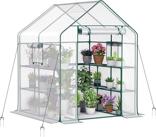Greenhouse with 2 Mesh Windows, 4 Tiers, and 10 Shelves - Durable PE Cover, Pegs and Ropes for Stability- Perfect for Outdoor Gardens, Plants, Herbs, and Flowers