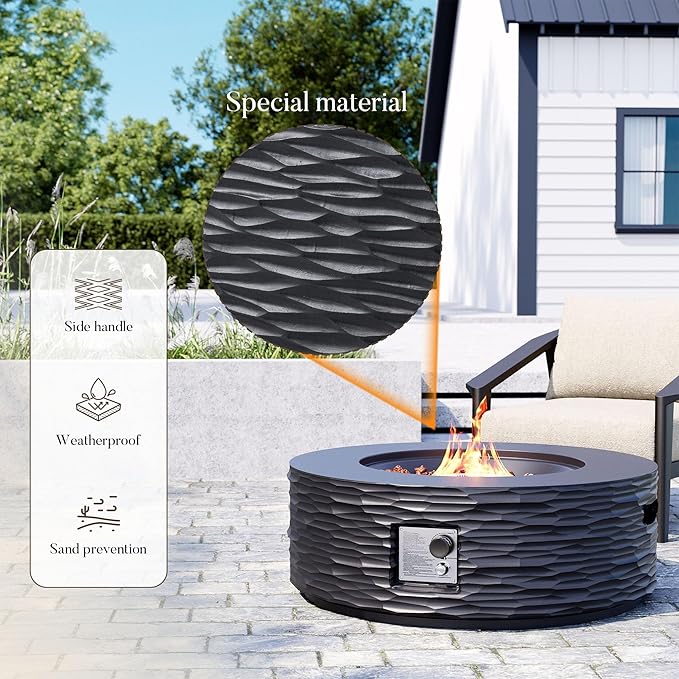 Cosiest Propane Fire Pit for Outside, 35 in Round Gas Fire Pits for Outdoor Patio, CSA Certified, 50000 BTU Concrete Rectangle Base with Rain Cover, Free Lava Rocks