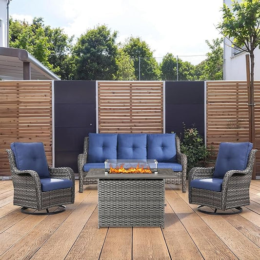 4 Piece Patio Furniture-with 50,000 BTU Gas Propane Fire Pit Table Outdoor Patio Furniture with Swivel Rocker Chairs,Outdoor Couch