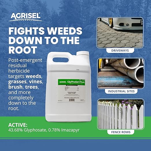GlyPhoSel Plus Weed Killer, Post Emergent, Long-Lasting Action, Eliminates Tough Weeds from Leaf to Root, For Non-Crop Areas, Pet Safe, Includes 3-pack of Agrisel Protective Gloves, 320 Ounces