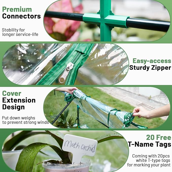 Greengro Mini Greenhouse, 95" x 36" x 36" Portable Greenhouses for Outdoors with Roll-up Zipper Door, Ground Stakes & 20 T-Shaped Plant Tags, Waterproof UV-Resistant Green House for Indoor Outside
