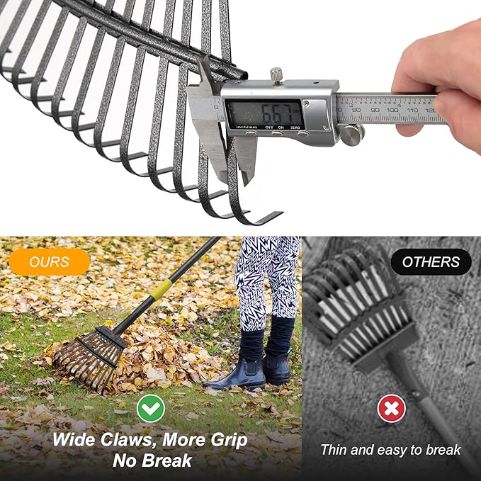 73" Leaf Rake- 11 Metal Tines 8.5" Wide- Small Leaves Rakes for Gardening- Adjustable Metal Leaf Rake for Picking Leaves Yard Women Kids Gardening RV Camping