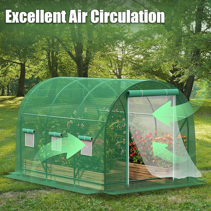 10×7×7 FT Greenhouses for Outdoors Heavy Duty, Large Walk in Green Houses for Outside with 6 Ventilated Mesh Windows & Roll-up Door & Reinforced Frame