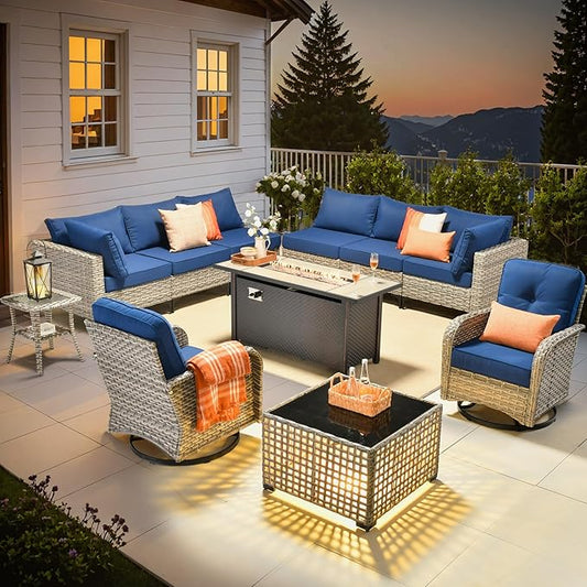 Outdoor Sectional Patio Furniture Set with Fire Pit Table and Swivel Rocking Chairs,11 Pieces Wicker Conversation Sets L Shaped Couch Out Door Sofa Outside Furniture for Garden Deck Yard,Navy Blue