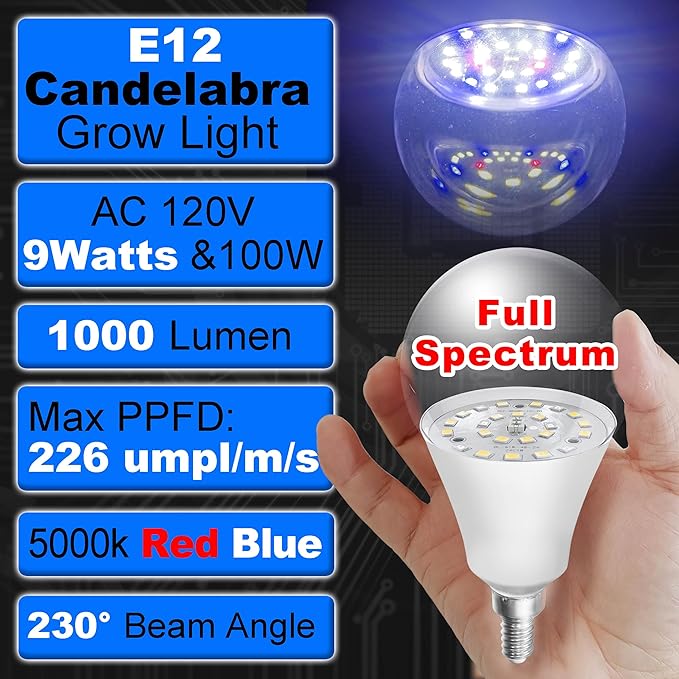 Grow Light Bulbs Full Spectrum with Red Blue 5000K E12 Candelabra Small Base 9W Sunlight Grow Bulb Replace 100W with Balanced Spectrum for Indoor Plants, Succulents, Flowers, Fruit, Mini Bonsai,1 Pack