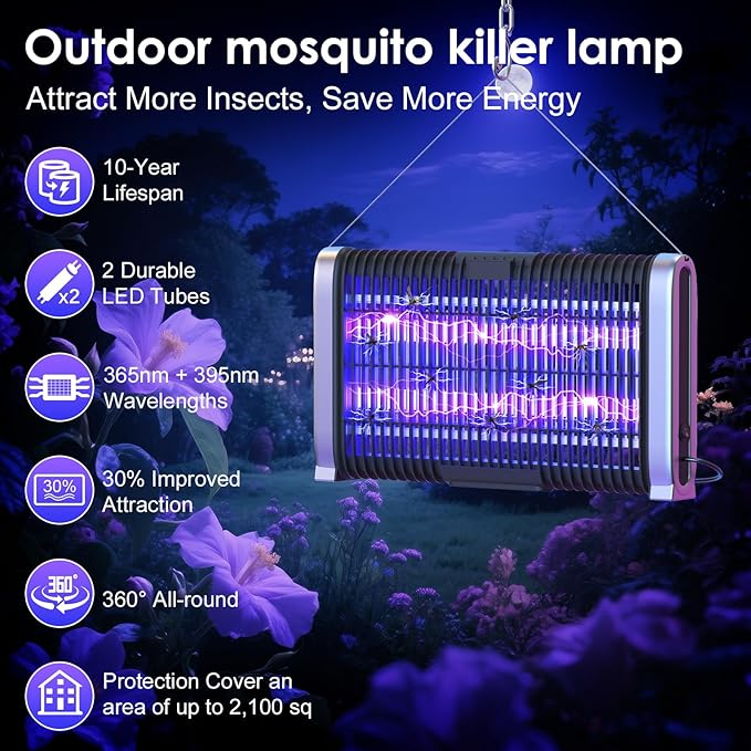 LED Bug Zapper Indoor,Electric Indoor Fly Zapper- 10 Years Lifespan Lamp-Fly,Mosquito Killer and Repellent - Lightweight, Powerful 3000V Grid, Includes Hooks String Brush and Manual (Black)