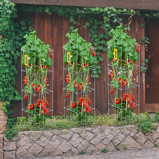 VEVOR Tomato Cages, 11.8" x 11.8" x 46.1", 5 Packs Square Plant Support Cages, Silver PVC-Coated Steel Tomato Towers for Climbing Vegetables, Plants, Flowers, Fruits