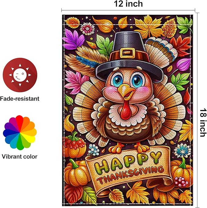 Fall Thanksgiving Garden Flag 12 x 18 Inch Double Sided Turkey Pumpkin Maple Leaves Designs Autumn Burlap Yard Flag for Outside Rustic Yard Outdoor Holiday Home Decoration