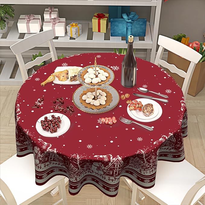Giwawa Xmas Round Tablecloth 60 Inch, Farmhouse Red Snow House Snowflakes Holiday Washable Polyester Table Cover for Picnic Dinner Kitchen Winter Seasonal Party Tabletop Decoration
