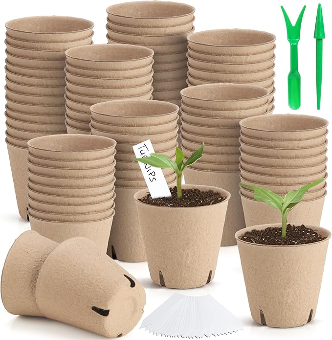 130 Pcs 3.15 Inch Peat Pots,Seed Starting Pots with Drainage Holes Round Plant Seedling Pot,Garden Germination Nursery Pot wit 30 Plant Labels, 2 Transplant Tools.