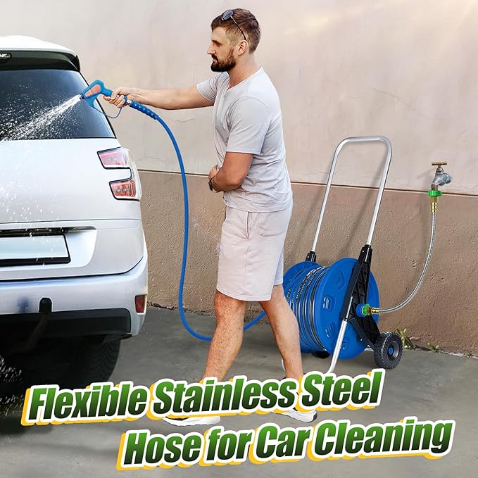 Short Garden Hose with Female to Female Connector - 2ft Metal Leakproof Leader Hose for Reel, Heavy Duty 304 Stainless Steel Flexible Water Pipe for Outdoor Garden Watering Car Pet Cleaning