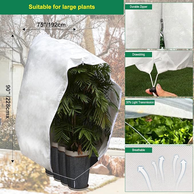 Plant Covers Freeze Protection, 75"W X 90"H Large Frost Blankets 2.47oz/yd² with Zipper Drawstring, Reusable Frost Cloth Tree Covers Shrub Jackets for Winter Outdoor Plants Fruit Tree Potted