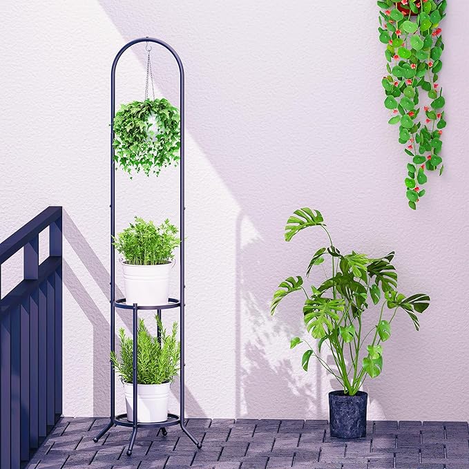 2-tier Hanging Plant Stand Plant Hanger Indoor Outdoor Corner Plant Stands for Indoor Plants, Space-Saving Iron Planter Shelves, Multiple Flower Pot Display Holder Shelf with Hanging Hook, Indoor Outdoor Heavy Duty Planter Shelving Unit (n-style,Black)