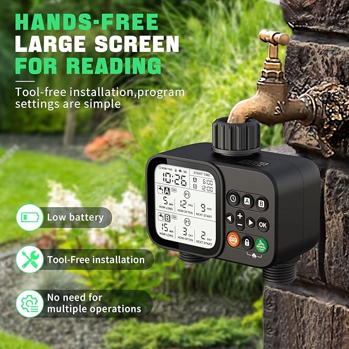 2 Zone Sprinkler Timer for Garden Hose, 8 Programmable Hose Water Timer with Auto Rain Delay, 3.3“ Large LCD Display Digital Irrigation System for Plant, Yard, Lawns, Outdoor