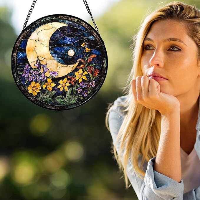 Stained Glass Window Hanging - Blue Night Sky Moon Suncatcher for Door Terrace Garden Home Decor Wildflowers Sun Catcher Birthday Gifts for Lovers Women Men Dad Mom Nana 6.3 in
