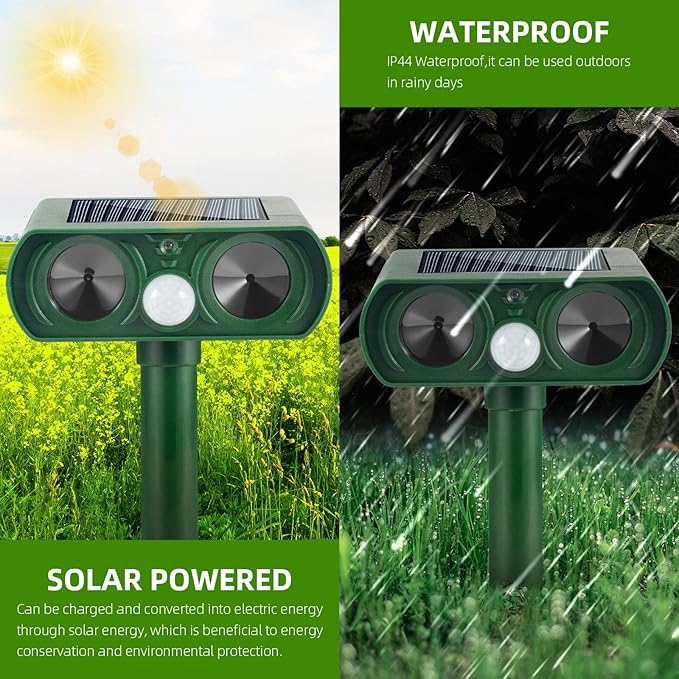 2 Pack Solar Animal Repellent Ultrasonic Outdoor Cat Repellent Deer Repellent Devices with Motion Sensor,Waterproof Solar Deterrent Devices for Squirrel,Dog,Raccoon,Skunk,Rabbit,Coyote for Yard Garden