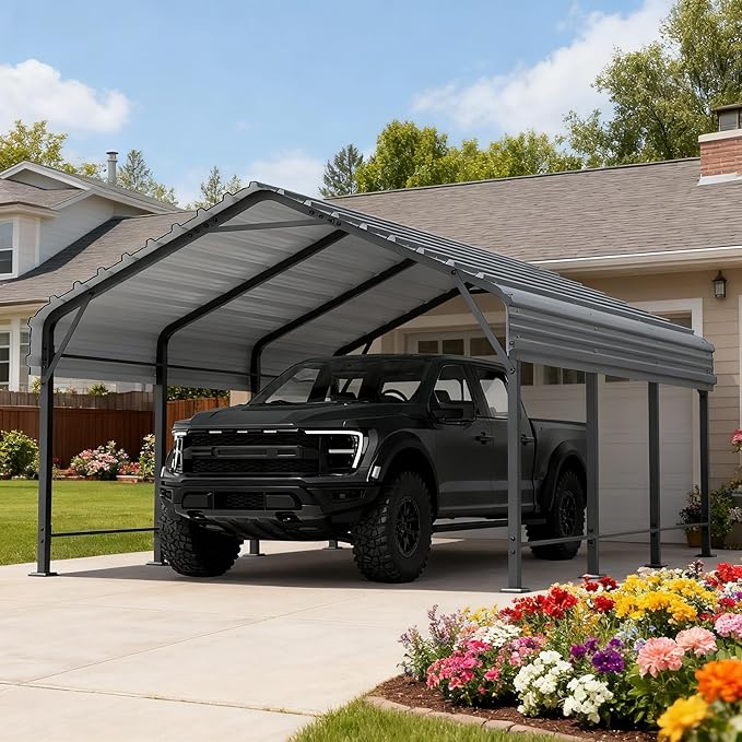 Metal Carport, Heavy Duty Metal Carport Canopy with Galvanized Steel Roof and Frame, Permanent Garage for Pickup, Bass Boat, Trucks, Car and Tractors